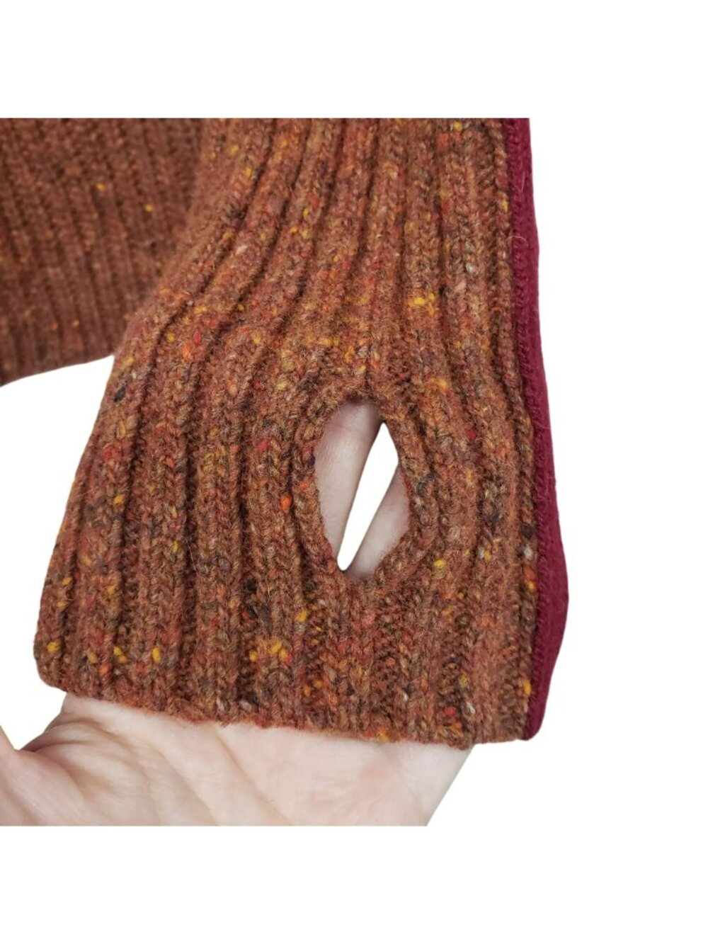 Krimson Klover Brown Cable Knit Sweater Stripe Sleeve Thumbholes Half Zip L - Picture 8 of 13